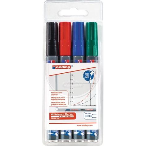 Edding – Marqueur tableau blanc 4 couleurs – Encre à faible odeur – Largeur de trait 1,5-3 mm – Rechargeable et essuyable à sec (1/8)