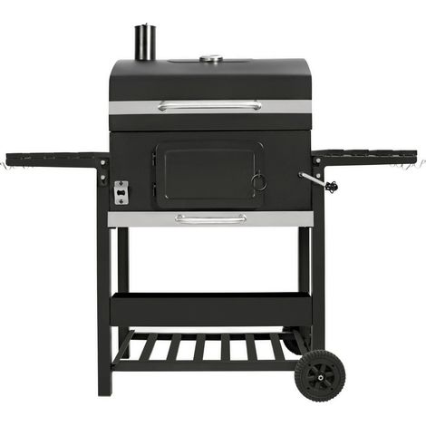 Barbecue Fumoir XL Au Charbon Sur Chariot, Cuisine Extérieure Jardin, Acier Inoxydable Noir, 4 Aérations, Bac Réglable, Thermomètre, Étagères, Crochets, Roues, Housse, Brosse (1/5)