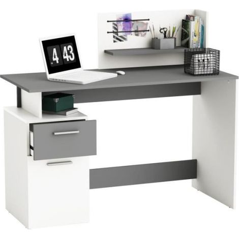 Bureau droit - Blanc et gris - Contemporain - L 121,5 x H 109,7 x P 55,1 cm - 1 porte 1 tiroir - PLATON (1/5)