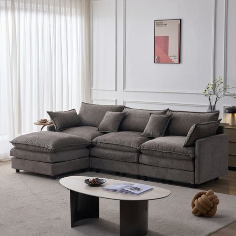 Sofá esquinero modular de 3 plazas (267x154x85 cm), con chaise longue y puf, chenilla gris (1/5)