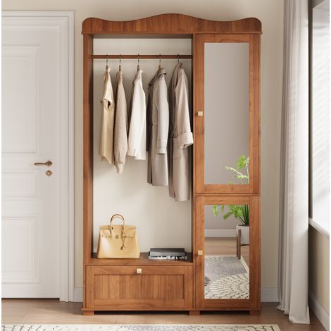 Offener Garderobenschrank aus MDF in Nussbaum mit Spiegel, 115,5 x 38,5 x 194,5 cm, mit Schublade und 2 Türen (1/5)