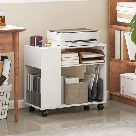 Supporto per stampante con vani 70 x 34 x 60 cm, 4 ruote, bianco DESVIAE (1/5)