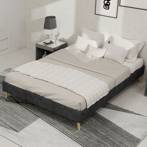 Lit 63x79 Zoll, velours hollandais gris style minimaliste Lit double, base profil bas, structure MDF robuste, montage facile (1/5)