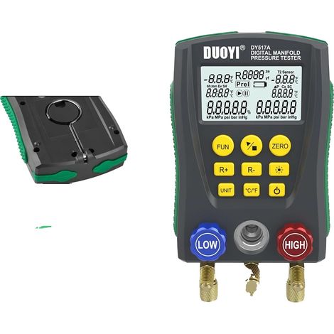 Manómetro digital, rango de medición de presión de -101 kPa a 6 MPa, longitud de manguera de 1,5 m, funcionalidad multimodo, medición de doble temperatura, pantalla LCD retroiluminada. (1/5)