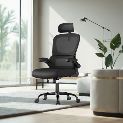 Chaise Ergonomique, Accoudoirs Rabattables, Soutien Lombaire et Appui-Tête Réglables, Fonction de Bascule, Noir