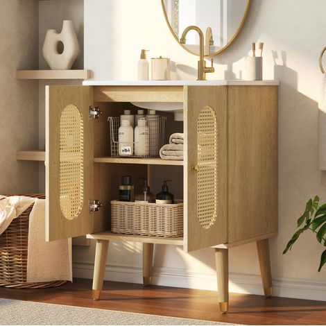 Meuble sous-vasque 61 x 47 x 89 cm en MDF bois naturel avec portes en rotin, vasque en céramique, 2 colis (1/5)