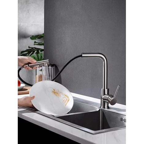 Robinet de cuisine extractible avec finition brossée, robinet d'évier de cuisine avec fonction douche, deux modes de jet, options eau chaude et eau froide. (1/5)