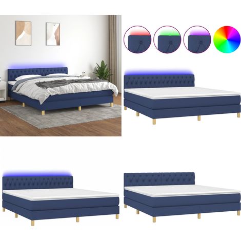Cama box spring con colchón y LED tela azul 160x200 cm - Cama con cabecero ajustable - Cama con muelles ensacados