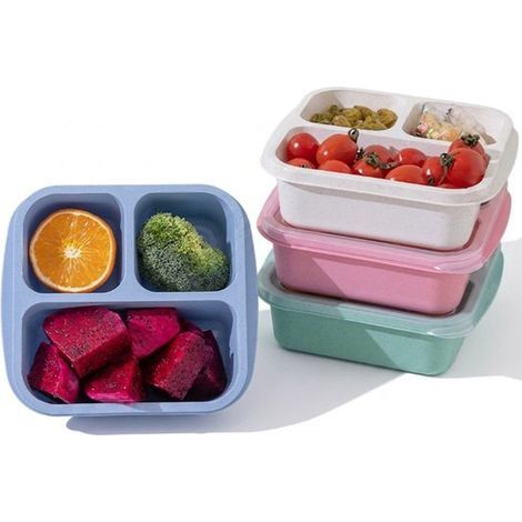 Bento-Boxen – 4er-Set – 3 Fächer und Weizenstroh – Mikrowellen-, gefrier- und spülmaschinengeeignet (1/5)