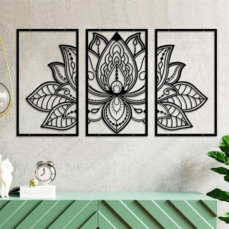 Ensemble de 3 grandes décorations murales en métal fleur de lotus, mandala de foi religieuse pour décoration murale à la maison, salon, chambre, bureau et salle de yoga (1/5)