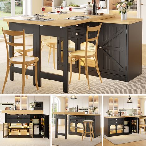 Isola cucina tavolo da pranzo allungabile 120–194cm, piano del tavolo girevole a 360°, con porte in vetro, cassetti e ripiani snack, Bianco/Nero (1/5)