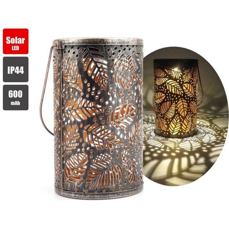 Lampe solaire LED d'extérieur pour jardin, lanterne solaire suspendue, style rétro métal, motif feuille ajourée, étanche (1/5)