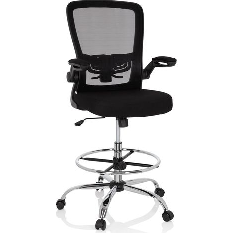 Siège de Travail Tissu résille Noir Chaise de comptoir Haute, accoudoirs rabattables, Repose-Pieds annulaire (1/5)