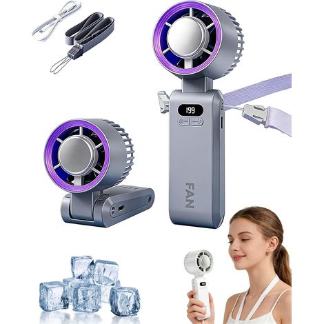 Portable Turbo Ice Cooling Fan, 199 Speeds 3-in-1 Handheld/Desk/Neck Fan, Rechargeable with Lanyard for Travel Outdoor Summer Commuting(Grey)