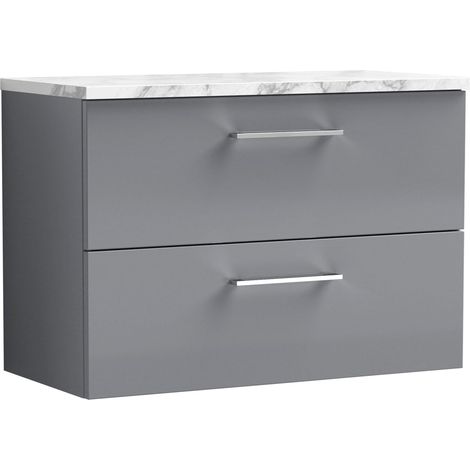 Nuie Arno Wall Hung 2-Drawer Vanity Unit with Carrera Marble Worktop 800mm Wide - Satin Grey (1/4)