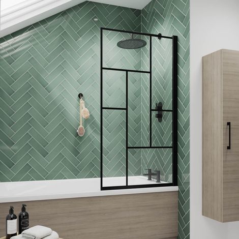 Nuie Abstract Matt Black Framed Square Bath Screen 1430mm H x 790mm W - 6mm Glass (1/7)