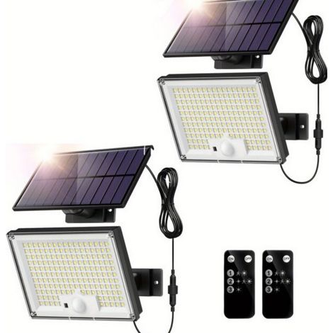 Lámpara solar con sensor de movimiento para exteriores con control remoto, 127 LED, resistente al agua IP65, 3 modos de iluminación para jardín, garaje y patio, blanco frío. (1/4)