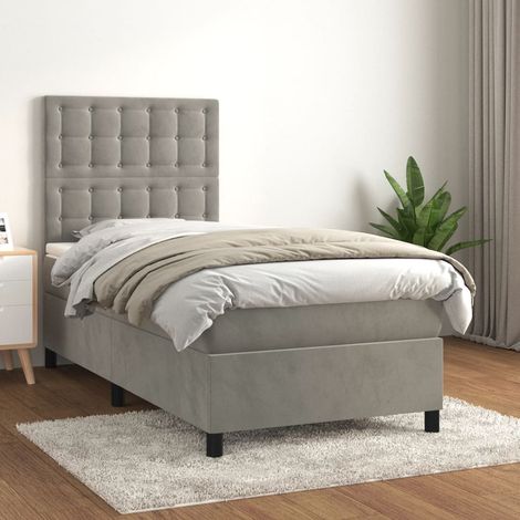 Lit à sommier tapissier et matelas, Lit simple, Lit adulte, Gris clair 80x200 cm Velours GSW48913 (1/5)