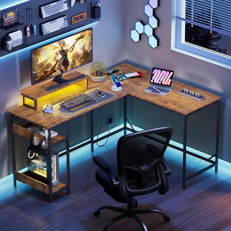 2-in-1 Gaming-Eckschreibtisch, umstellbar als L-Form 152×118 cm oder I-Form 220×50 cm, mit RGB-Beleuchtung, Monitorhalter und Ablagebereich, geeignet für Homeoffice, Vintagebraun (1/5)