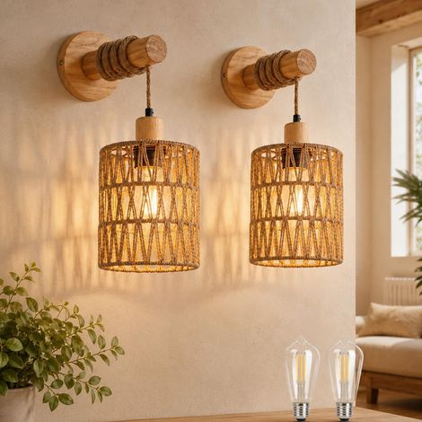 Lot de 2 appliques murales vintage boho en bois et rotin E27,Abat-jour tressé à la main, lampe murale filaire vintage,pour chambre à coucher (1/5)