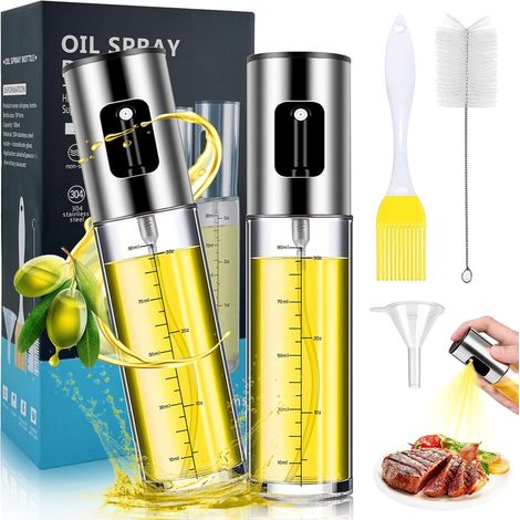 Lot de 2 Pulvérisateur d'huile, 100 ml, Verre et Acier inoxydable, Buse éventail, Cuisine et Friteuse