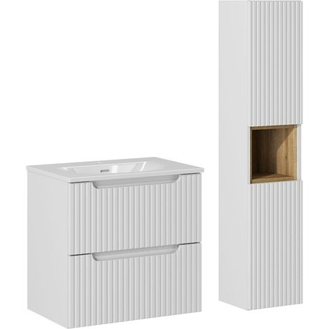 Ensemble meuble simple vasque encastrée 60cm 2 tiroirs et colonne Riva Blanc et Bois