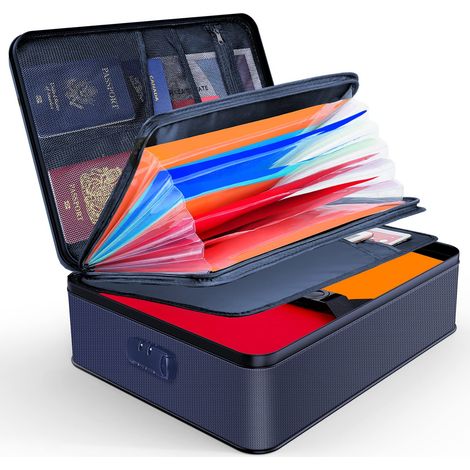 Organiseur de documents, porte-documents ignifuge avec serrure, boîte de rangement à 7 compartiments, organiseur de fichiers, porte-documents portable pour documents importants, dossiers (bleu) (1/5)