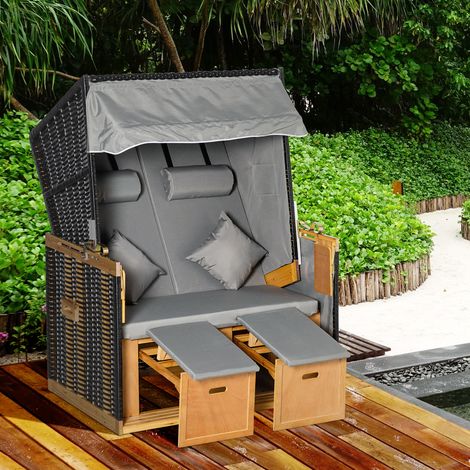 Fauteuil de plage Outsunny, 118x79x160 cm, rotin PE gris clair, avec porte-gobelet, idéal pour jardin, terrasse et balcon