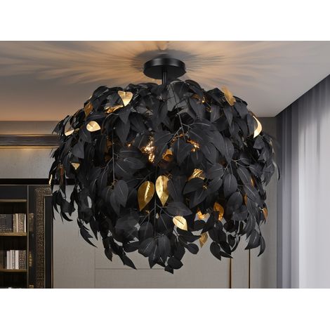 Große LED Deckenleuchte mit Blätter Lampenschirm Schwarz-Gold, Ø 70cm (1/5)