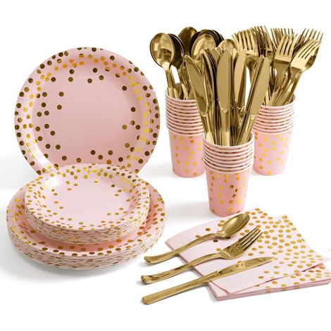 Assortiment Vaisselle Jetable - Assiettes Plats Desserts Gobelets Serviettes Couverts en Plastique Doré - Pour 25 Personnes - Noir et Doré