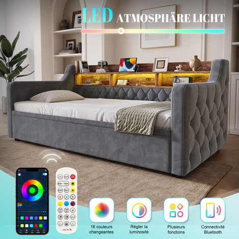 Canapé lit 90x190 cm convertible, velours gris foncé avec accoudoirs, tête de lit en bois avec rangement, éclairage LED, ports USB et Type-C, sommier à lattes, canapé d'appoint pour salon et chambre d (1/5)