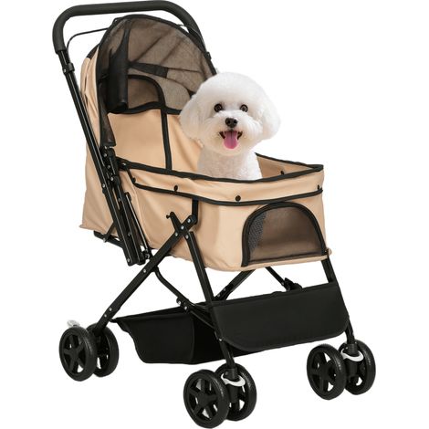 Chariot pour chiens avec poignée réversible, panier de rangement et corde de sécurité 76,5 x 52 x 95 cm marron