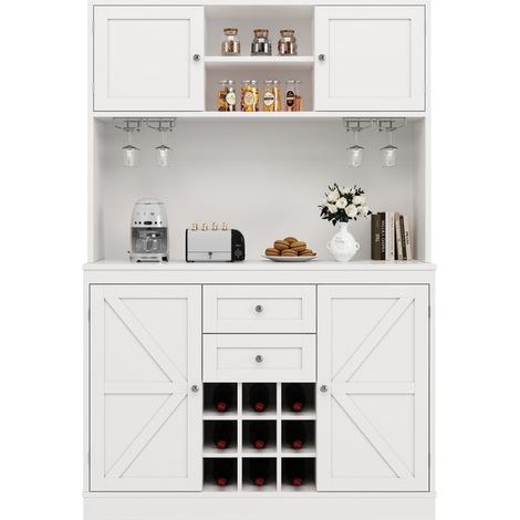 ELVMI Credenza da Cucina Alta con 4 Ante, 2 Cassetti, Ripiani Regolabili e Portabottiglie in MDF Bianco 120 x 40 x 188 cm (1/5)