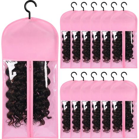 Paquete de 12 bolsas para guardar pelucas con colgador para extensiones de cabello, para múltiples pelucas, extensiones de cabello y accesorios (rosa) (1/5)
