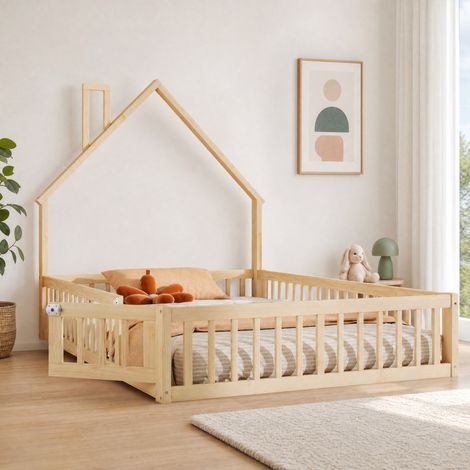 Letto casetta per bambini 140 x 200 cm con tetto camino, pino e MDF, naturale, con rete (1/5)