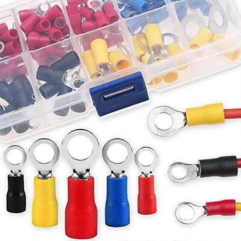 Kit de 102 cosses à sertir annulaires, connecteurs électriques de type O isolés pour applications automobiles, motos, bateaux et instruments électriques. (1/5)