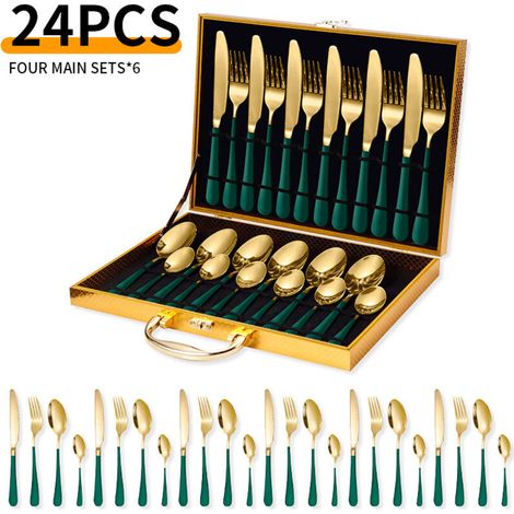 Service of 24 stainless steel cutlery - for 6 people - with box - stainless steel - green/gold (1/5)