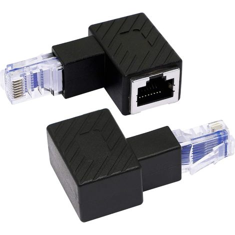 Lot de 2 adaptateurs RJ45 coudés à 90°, connecteurs plaqués or, boîtier PVC noir pour TV et ordinateur (1/5)