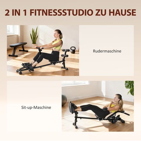 Machine à ramer, appareil d'aviron pour abdos, réglable sur 12 niveaux, 2-en-1 cardio, écran LCD, acier, plastique, noir (1/5)