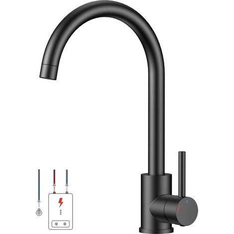 Robinet Cuisine Basse Pression, Mitigeur Cuisine, Pivotant à 360°, Contrôle eau chaude/froide, Monotrou pour 1 ou 2 éviers, Compatible Avec Chaudière Et Appareils Sous Évier, Noir mat (1/5)