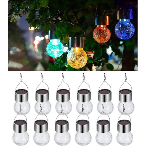 Lampe LED à énergie solaire à suspendre en forme de boule de verre craquelé, lanterne décorative d'extérieur étanche pour jardin, cour, terrasse, pelouse