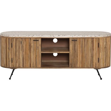 Made In Meubles – Meuble TV en bois de manguier et terrazzo – Design arrondi – Dimensions 65x160x40cm – Pieds compas – Entretien facile avec chiffon sec (1/5)