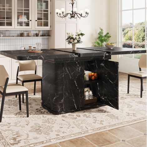MODFU – Mesa extensible 140-180x80x76,5 cm de MDF/metal con almacenamiento integrado y topes regulables, carga 60 kg – Negro mármol (1/5)