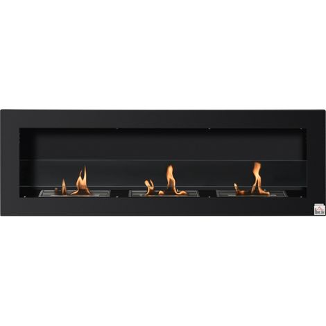 Caminetto a bioetanolo da incasso a parete con 3 bruciatori, capacità totale 3 litri, autonomia di circa 3 ore, dimensioni 120L x 15W x 40H cm, acciaio inox nero.