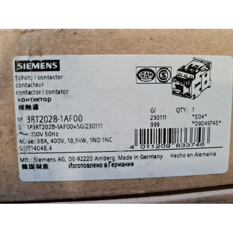 SIEMENS 3RT2028-1AF00 38A , 110V , 18,5kW Contactor , 1NO 1NC