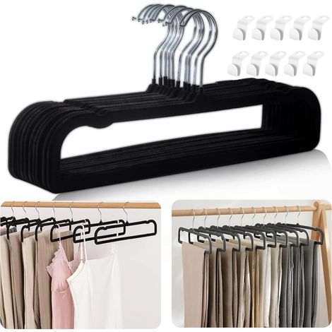 Rutschfeste Samtkleiderbügel – 20er-Packung für Hosen und Tanktops – Schlanke und platzsparende Kleiderbügel – Robust und langlebig – 360° drehbarer Haken für Jeans und Tanktops (schwarzer und silbern (1/5)