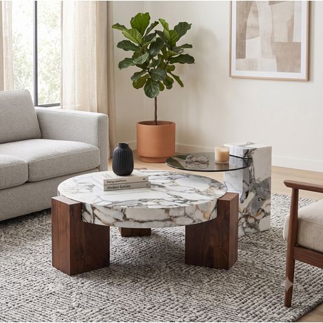 MODFU – Lot 2 tables basses gigognes rondes MDF – Effet marbre et pieds L noirs – Ø61 et Ø44 cm – Salon – Blanc/noir (1/5)