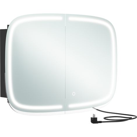 Vasagle – Miroir salle de bain avec éclairage LED – Armoire murale avec 2 prises AC et 2 USB – Étagères réglables – Coins arrondis – Noir d’encre (1/5)