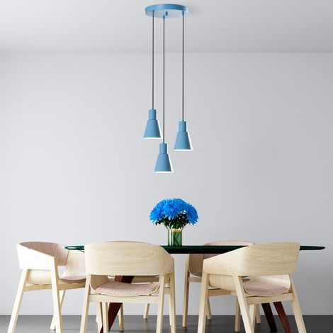 Lustre bleu clair, corps en métal, 40 cm de diamètre, hauteur réglable 75-114 cm, 3 douilles E27, pour les espaces modernes, élégant et fonctionnel (1/5)