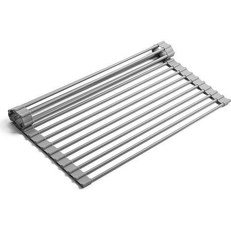 Égouttoir à vaisselle pliable et enroulable, gain de place, portable, en acier inoxydable et silicone (gris, moyen). (1/5)